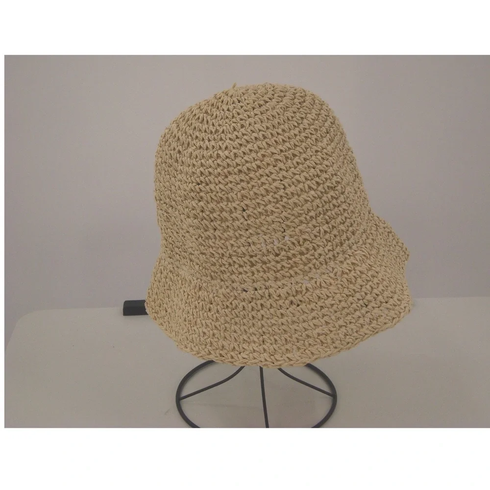 Women's Beige Straw Bucket Hat Paper Crochet Sun Beach Summer Travel One Size - Picture 2 of 6